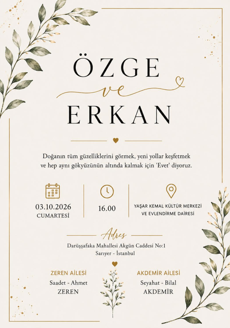 Özge ve Erkan'ın 3 Ekim 2026 tarihli basılı düğün davetiyesi